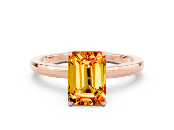 Rose gold Emerald Cut Citrine Solitaire Ring with Thin Band and Prong Setting