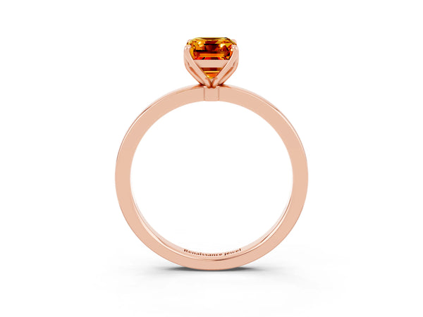 Rose gold Emerald Cut Citrine Solitaire Ring with Thin Band and Prong Setting