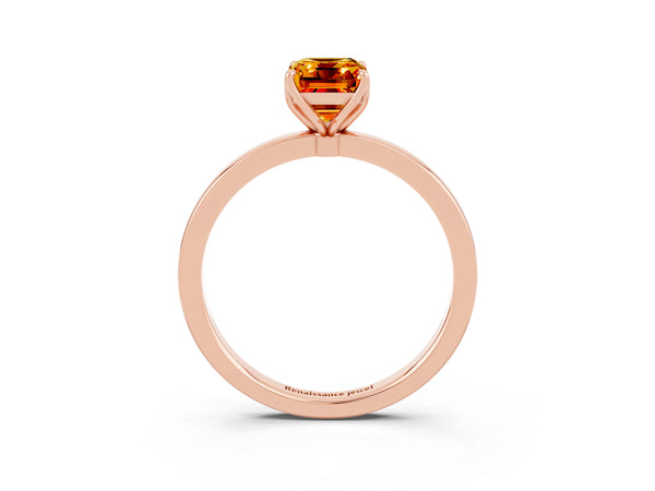 Rose gold Emerald Cut Citrine Solitaire Ring with Thin Band and Prong Setting