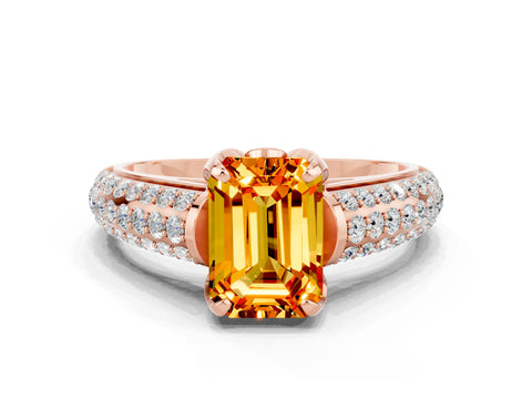 Rose gold Emerald Cut Citrine Solitaire Ring with Three-Row Pavé Band and Four-Prong Setting_12