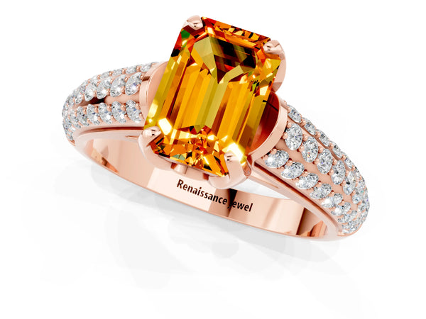 Rose gold Emerald Cut Citrine Solitaire Ring with Three-Row Pavé Band and Four-Prong Setting