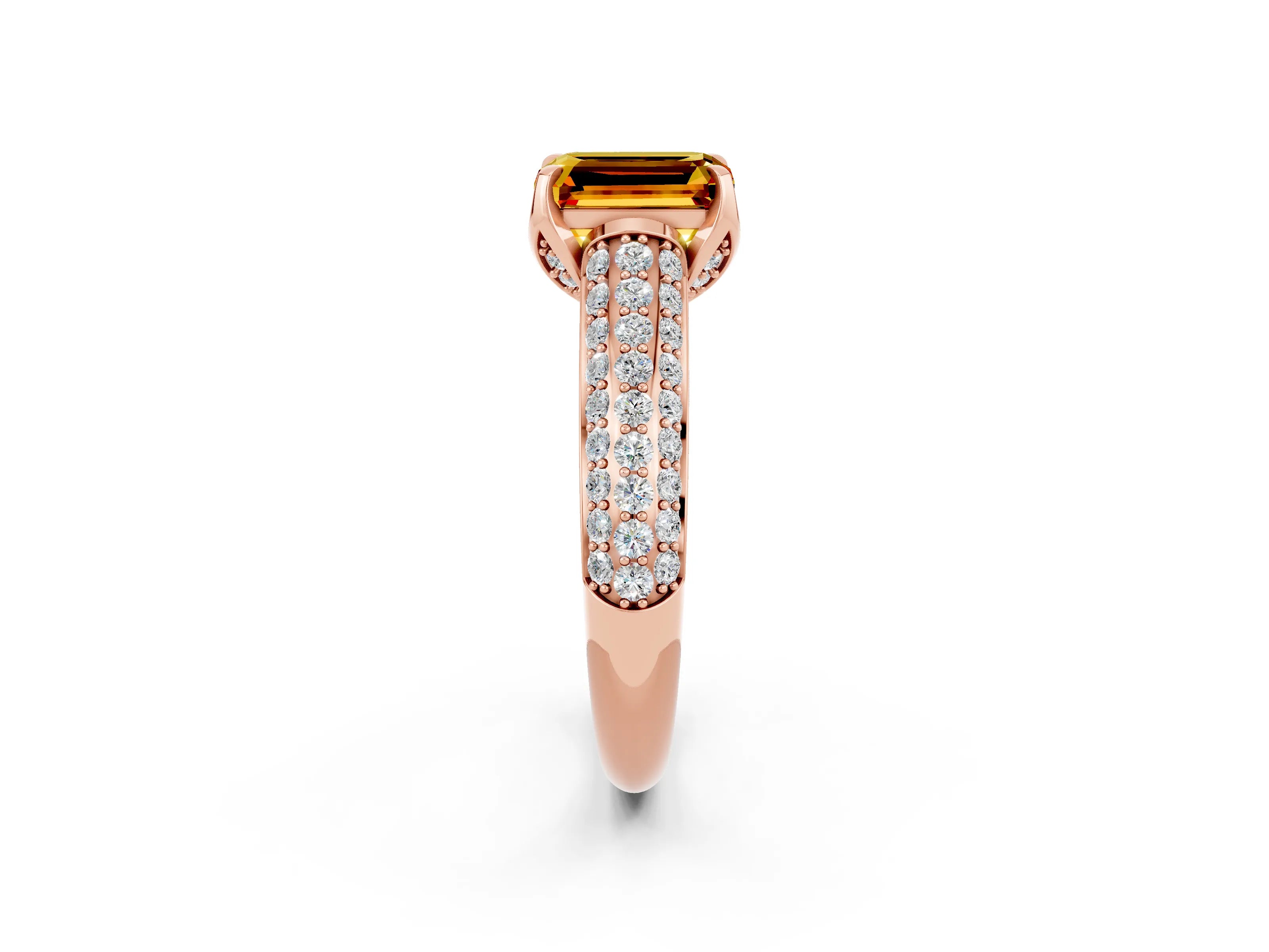 Rose gold Emerald Cut Citrine Solitaire Ring with Three-Row Pavé Band and Four-Prong Setting_14