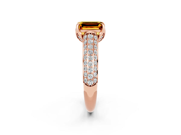Rose gold Emerald Cut Citrine Solitaire Ring with Three-Row Pavé Band and Four-Prong Setting