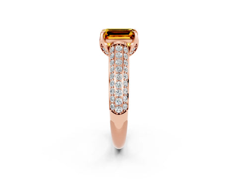 Rose gold Emerald Cut Citrine Solitaire Ring with Three-Row Pavé Band and Four-Prong Setting_14