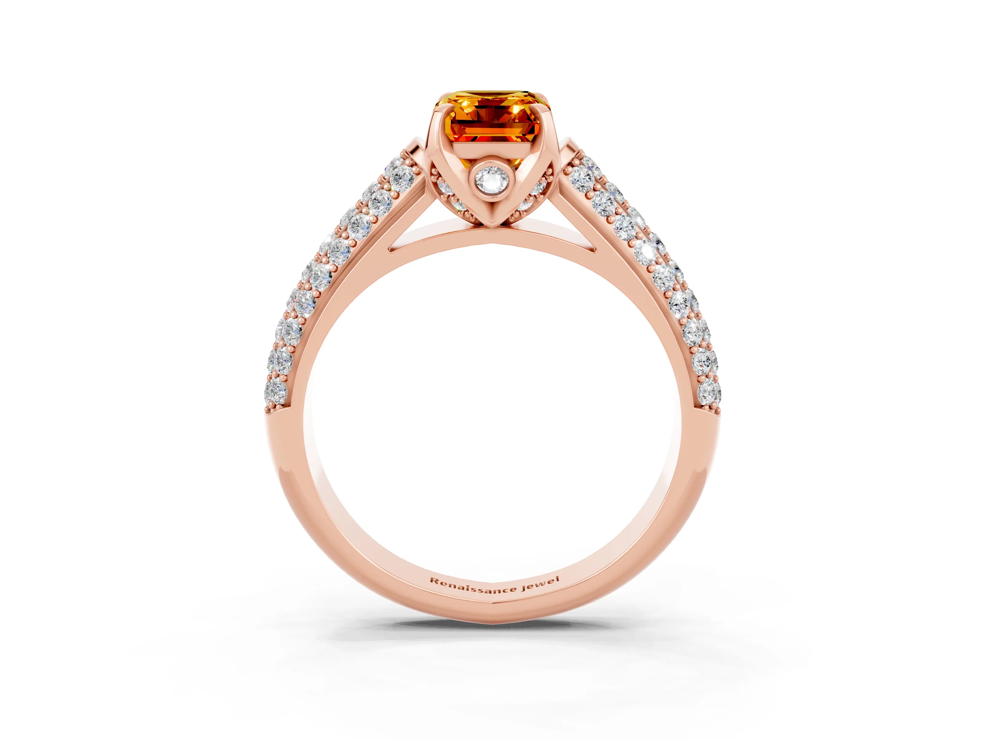 Rose gold Emerald Cut Citrine Solitaire Ring with Three-Row Pavé Band and Four-Prong Setting_15
