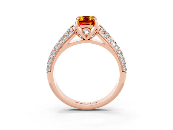 Rose gold Emerald Cut Citrine Solitaire Ring with Three-Row Pavé Band and Four-Prong Setting