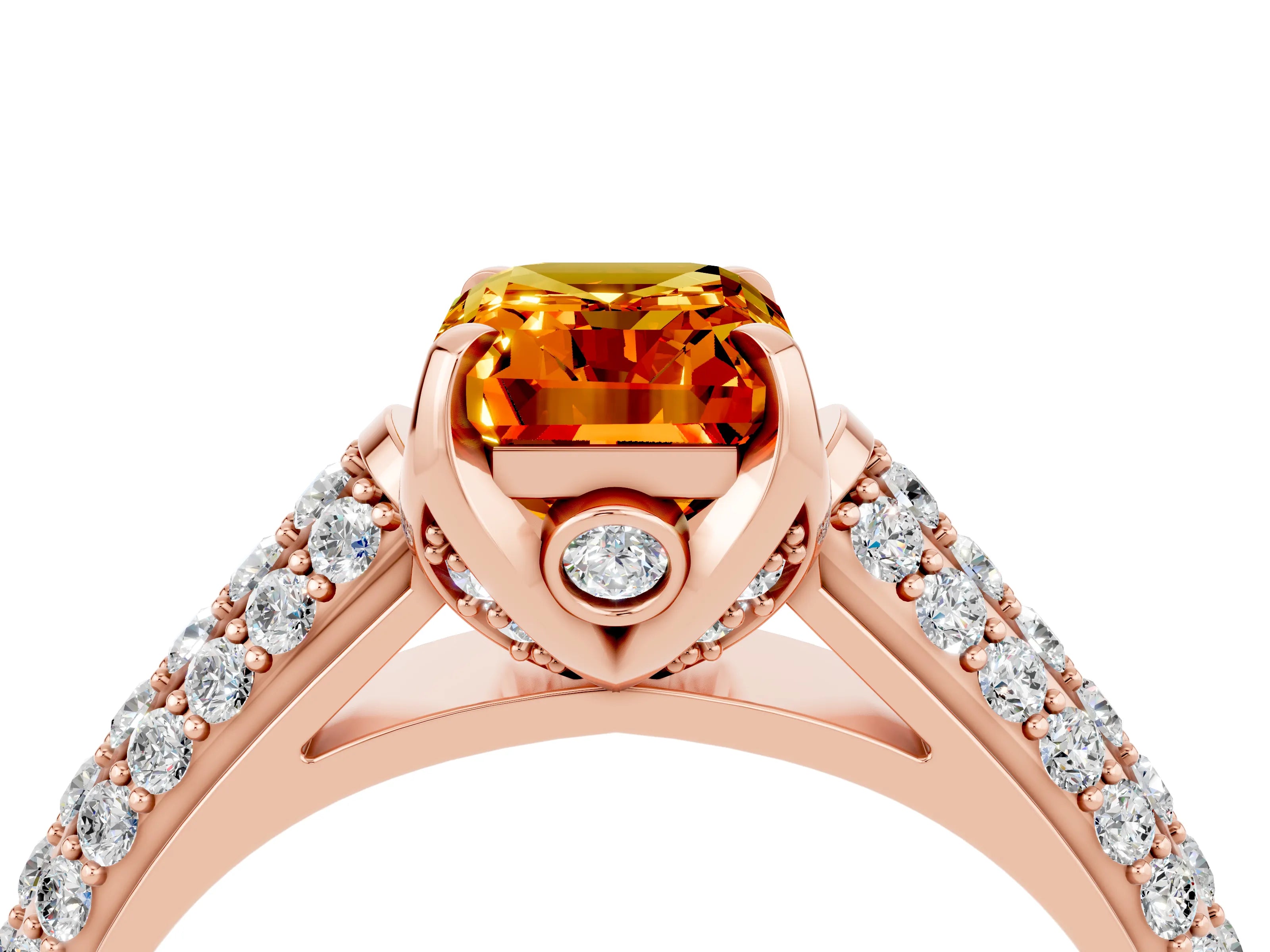 Rose gold Emerald Cut Citrine Solitaire Ring with Three-Row Pavé Band and Four-Prong Setting_16