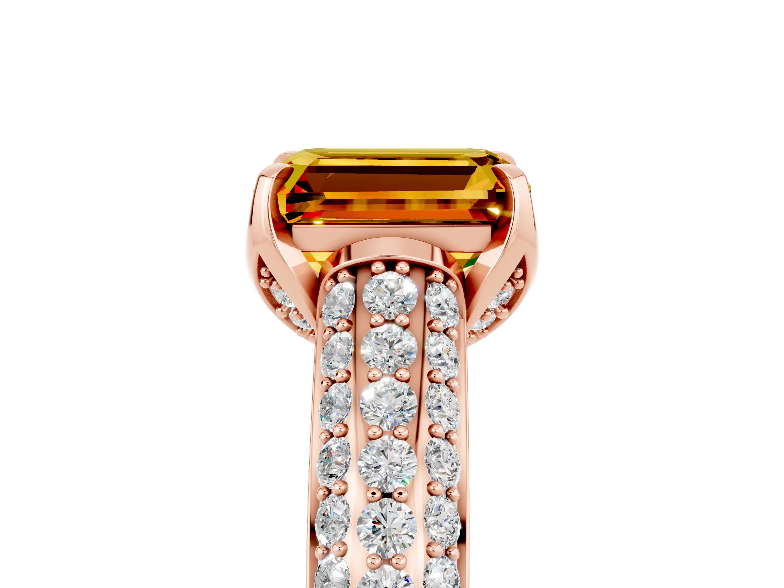 Rose gold Emerald Cut Citrine Solitaire Ring with Three-Row Pavé Band and Four-Prong Setting_17