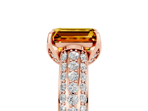 Rose gold Emerald Cut Citrine Solitaire Ring with Three-Row Pavé Band and Four-Prong Setting_17