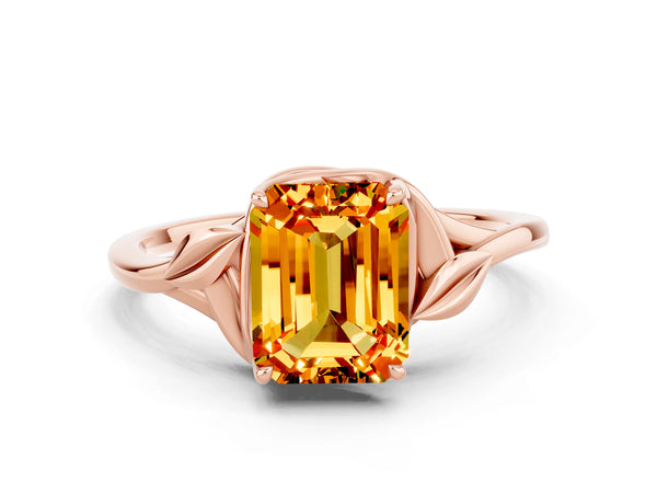Rose gold Emerald Cut Citrine Solitaire Ring with Twist Band and Four-Prong Setting
