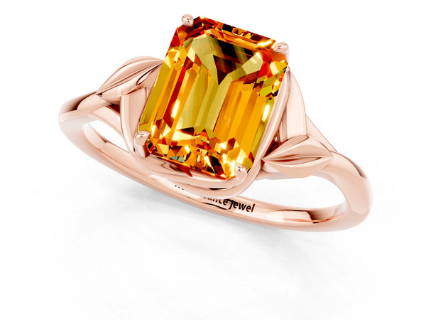 Rose gold Emerald Cut Citrine Solitaire Ring with Twist Band and Four-Prong Setting