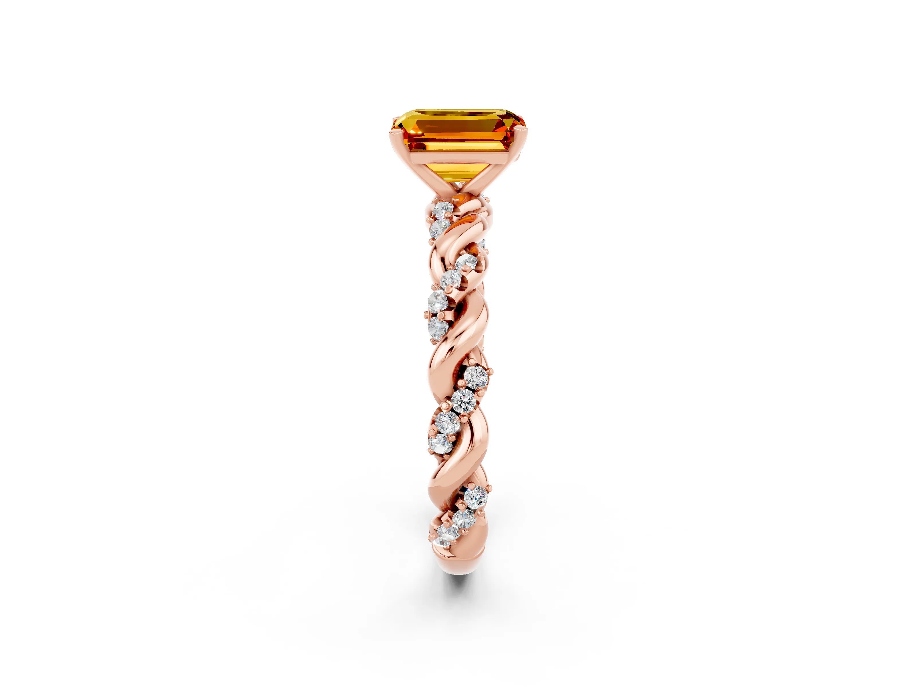 Rose gold Emerald Cut Citrine Solitaire Ring with Twisted Band and Pavé Accents_2