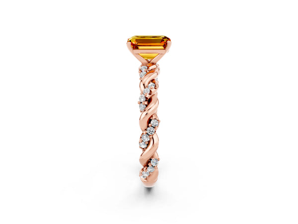 Rose gold Emerald Cut Citrine Solitaire Ring with Twisted Band and Pavé Accents