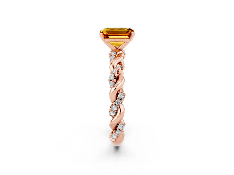 Rose gold Emerald Cut Citrine Solitaire Ring with Twisted Band and Pavé Accents_2
