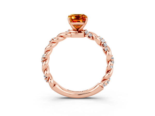 Rose gold Emerald Cut Citrine Solitaire Ring with Twisted Band and Pavé Accents