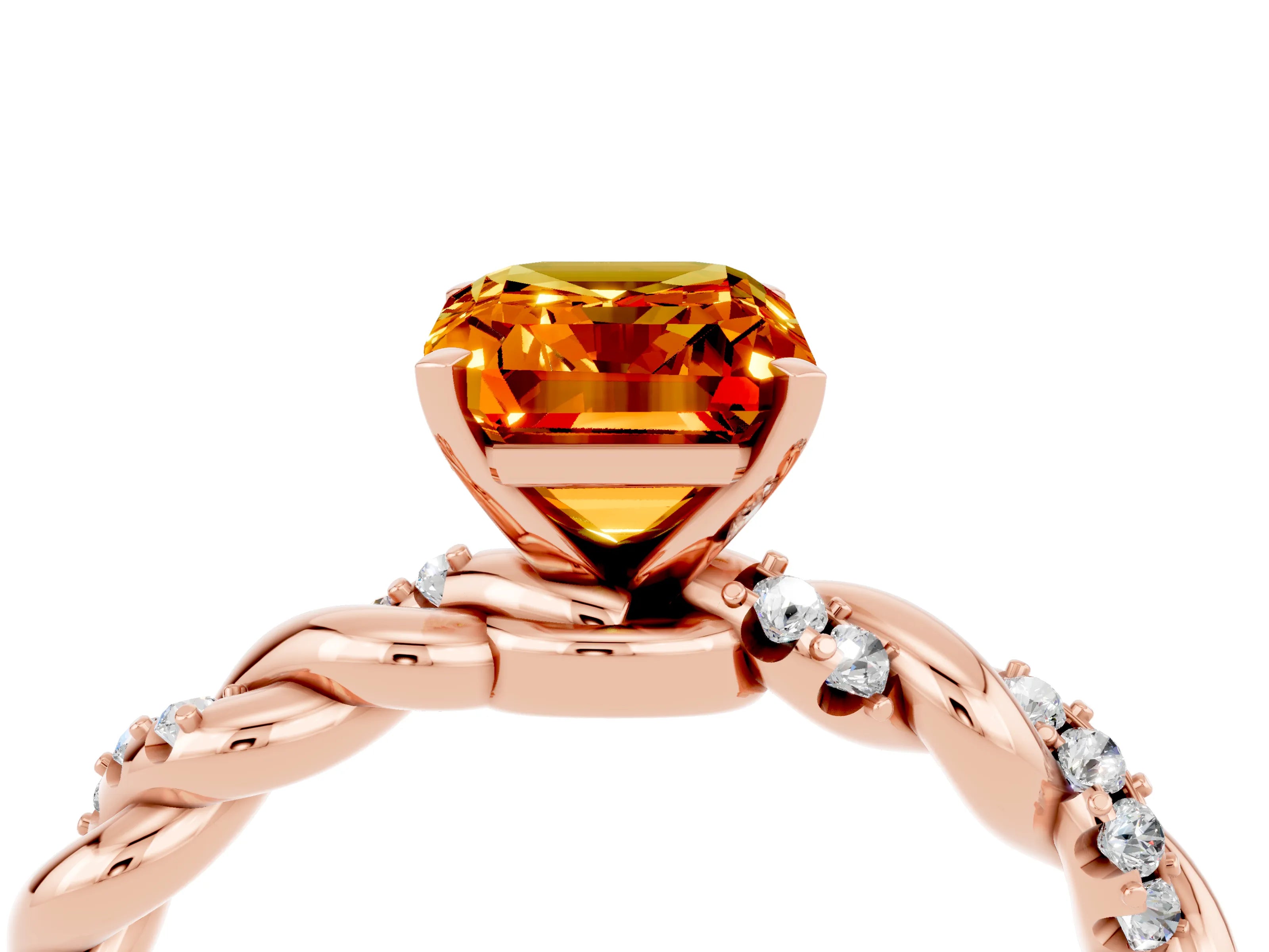 Rose gold Emerald Cut Citrine Solitaire Ring with Twisted Band and Pavé Accents_4