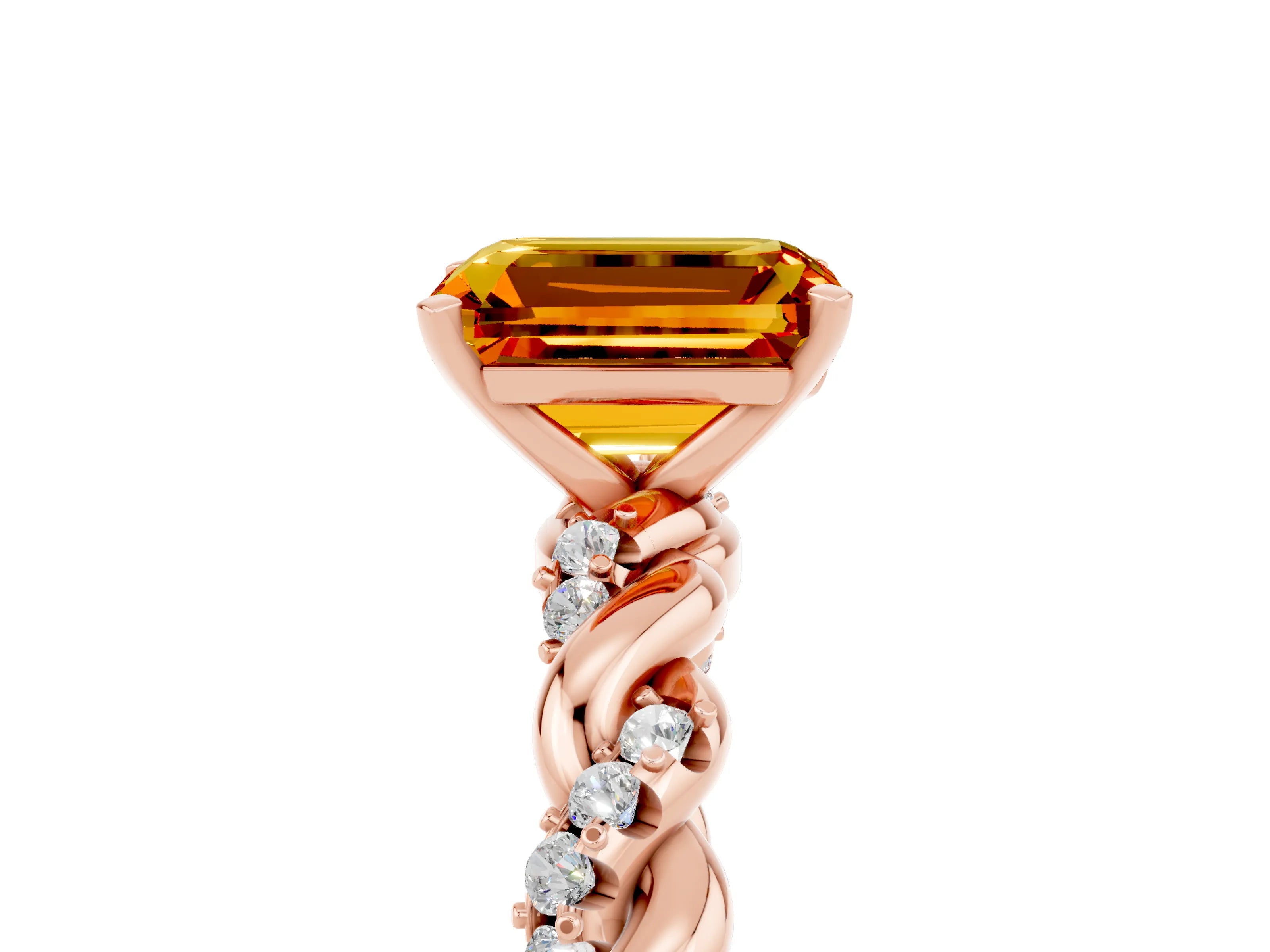 Rose gold Emerald Cut Citrine Solitaire Ring with Twisted Band and Pavé Accents_5