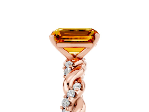 Rose gold Emerald Cut Citrine Solitaire Ring with Twisted Band and Pavé Accents_5