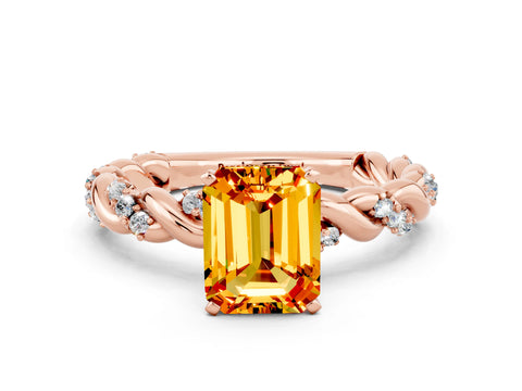 Rose gold Emerald Cut Citrine Solitaire Ring with Twisted Band and Pavé Accents
