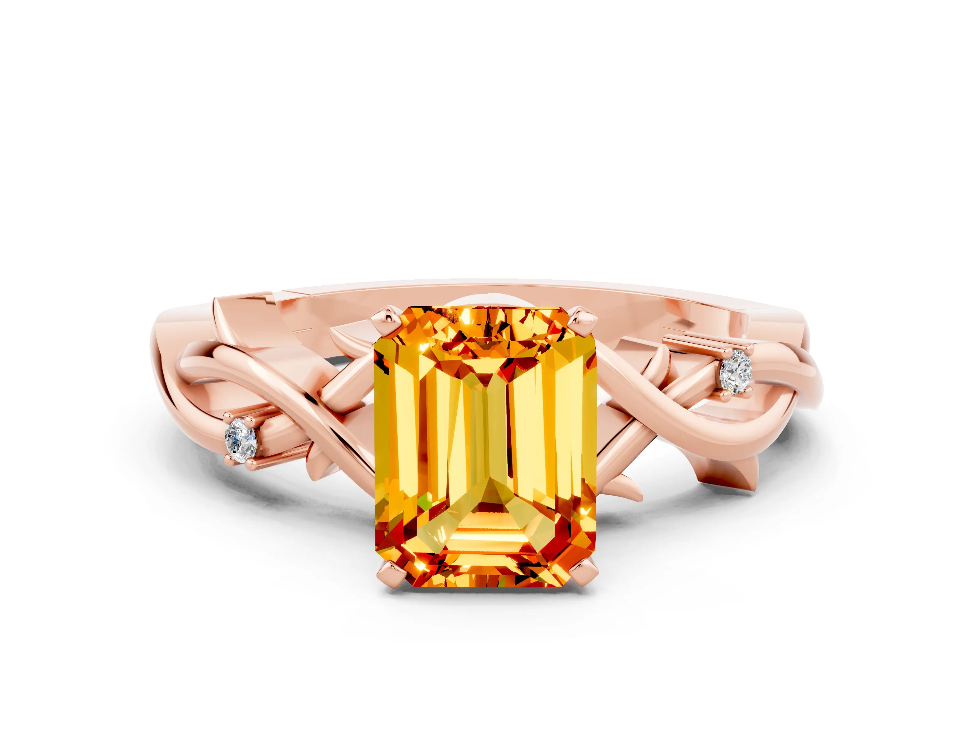 Rose gold Emerald Cut Citrine Solitaire Ring with Twisted Band and Prong Setting