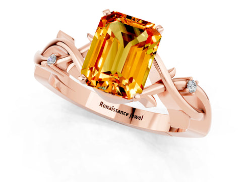 Rose gold Emerald Cut Citrine Solitaire Ring with Twisted Band and Prong Setting_1