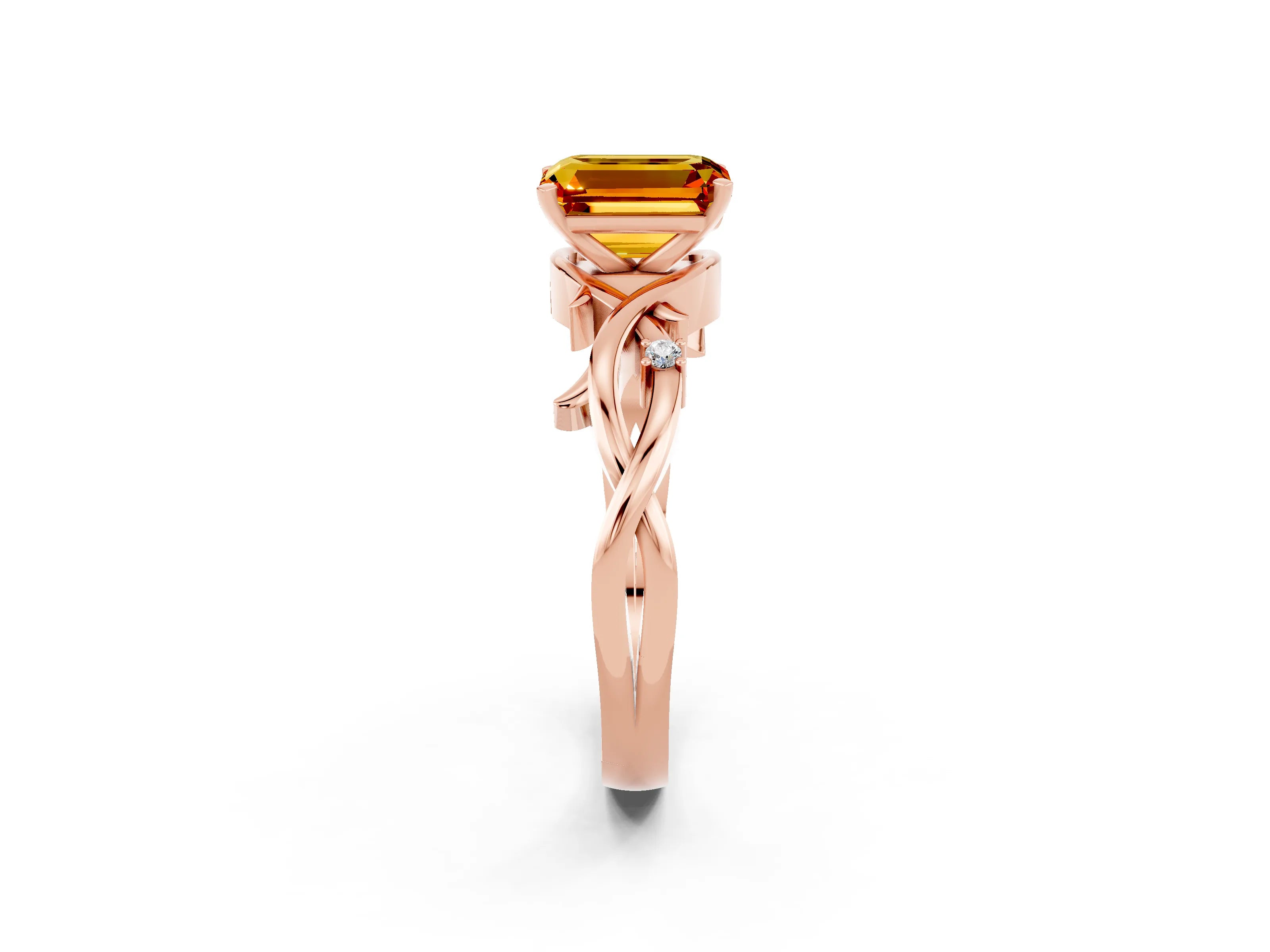 Rose gold Emerald Cut Citrine Solitaire Ring with Twisted Band and Prong Setting_2