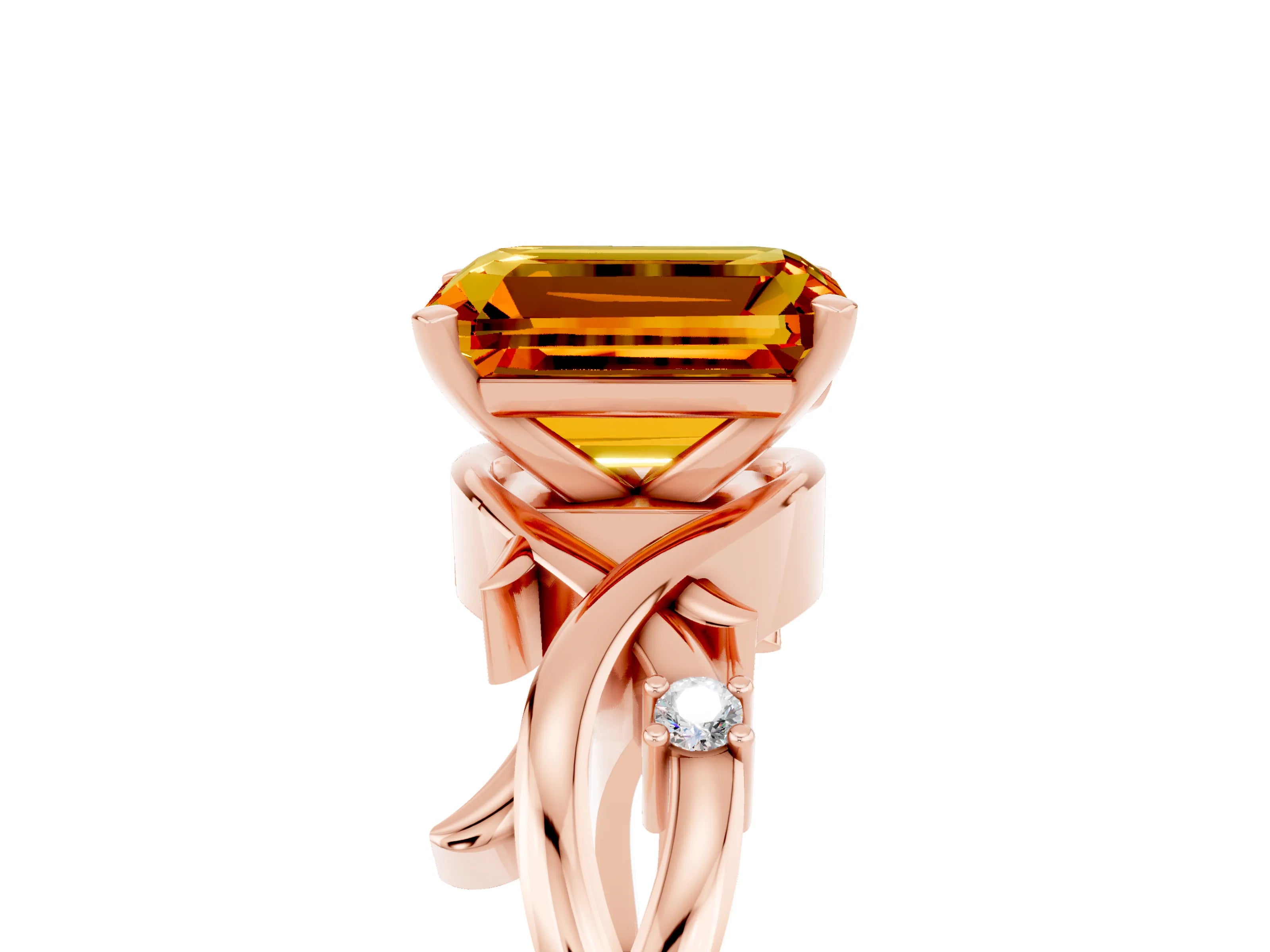 Rose gold Emerald Cut Citrine Solitaire Ring with Twisted Band and Prong Setting_5