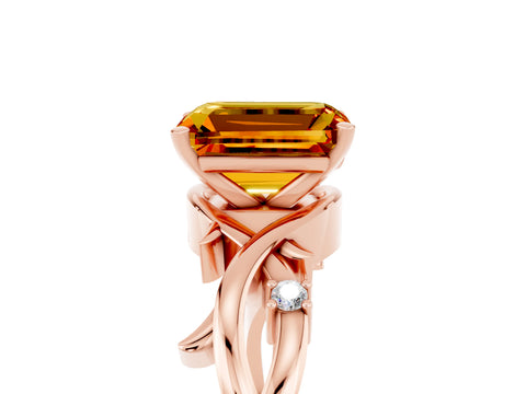 Rose gold Emerald Cut Citrine Solitaire Ring with Twisted Band and Prong Setting_5