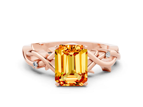 Rose gold Emerald Cut Citrine Solitaire Ring with Twisted Band and Prong Setting