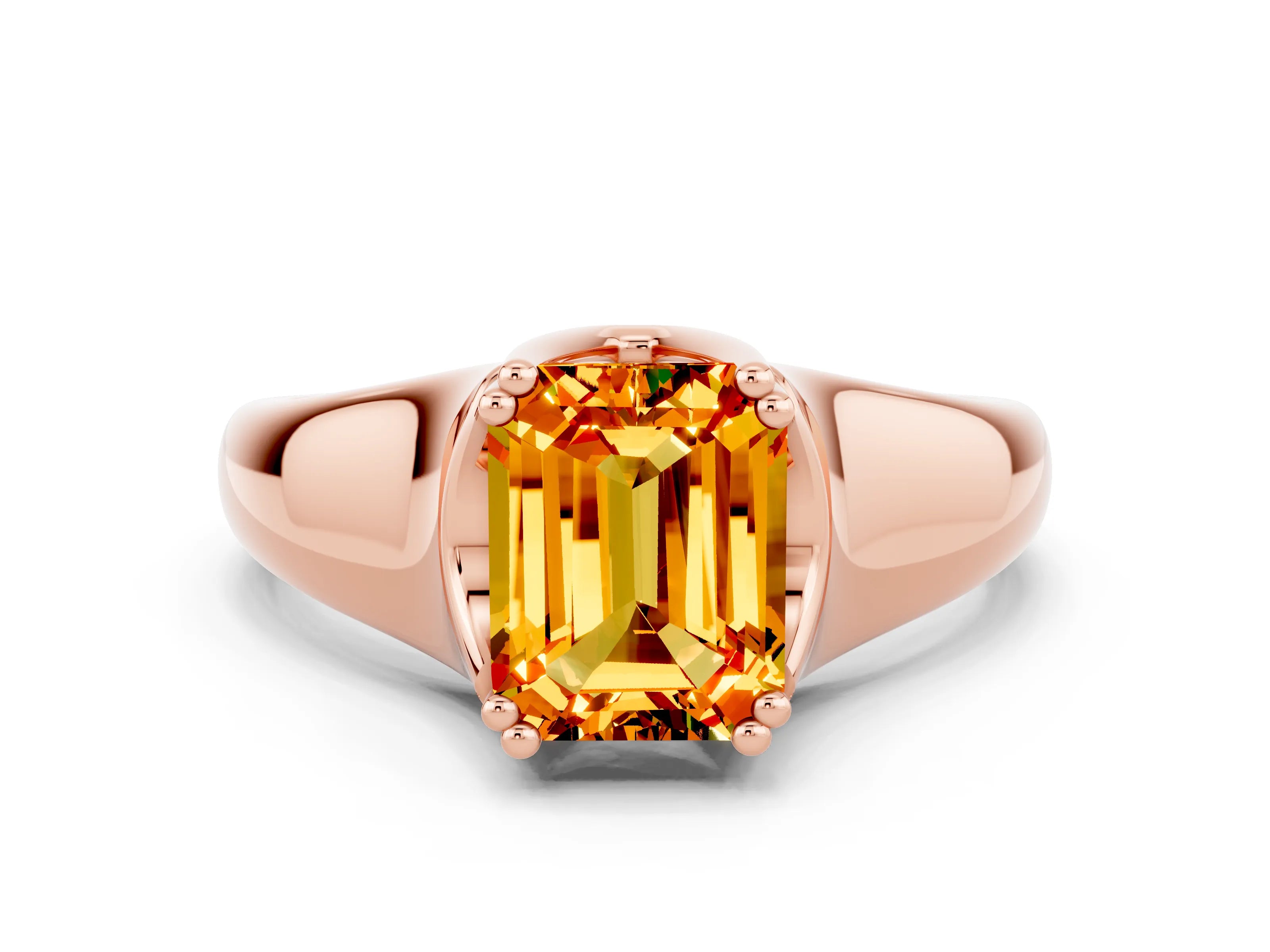 Rose gold Emerald Cut Citrine Solitaire Ring with Wide Band and Prong Setting