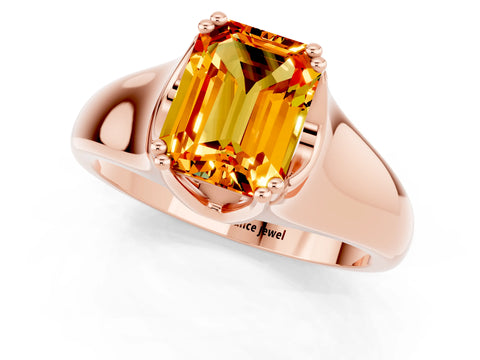 Rose gold Emerald Cut Citrine Solitaire Ring with Wide Band and Prong Setting_1