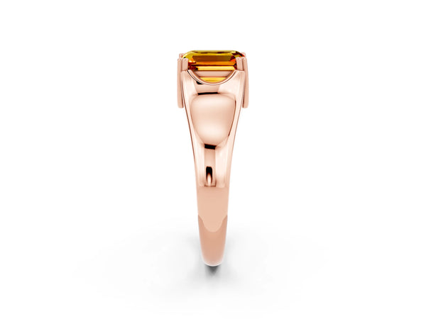 Rose gold Emerald Cut Citrine Solitaire Ring with Wide Band and Prong Setting