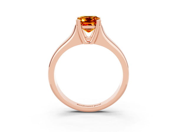 Rose gold Emerald Cut Citrine Solitaire Ring with Wide Band and Prong Setting