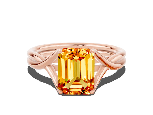 Rose gold Emerald Cut Citrine Solitaire Twist Band Prong Setting Ring