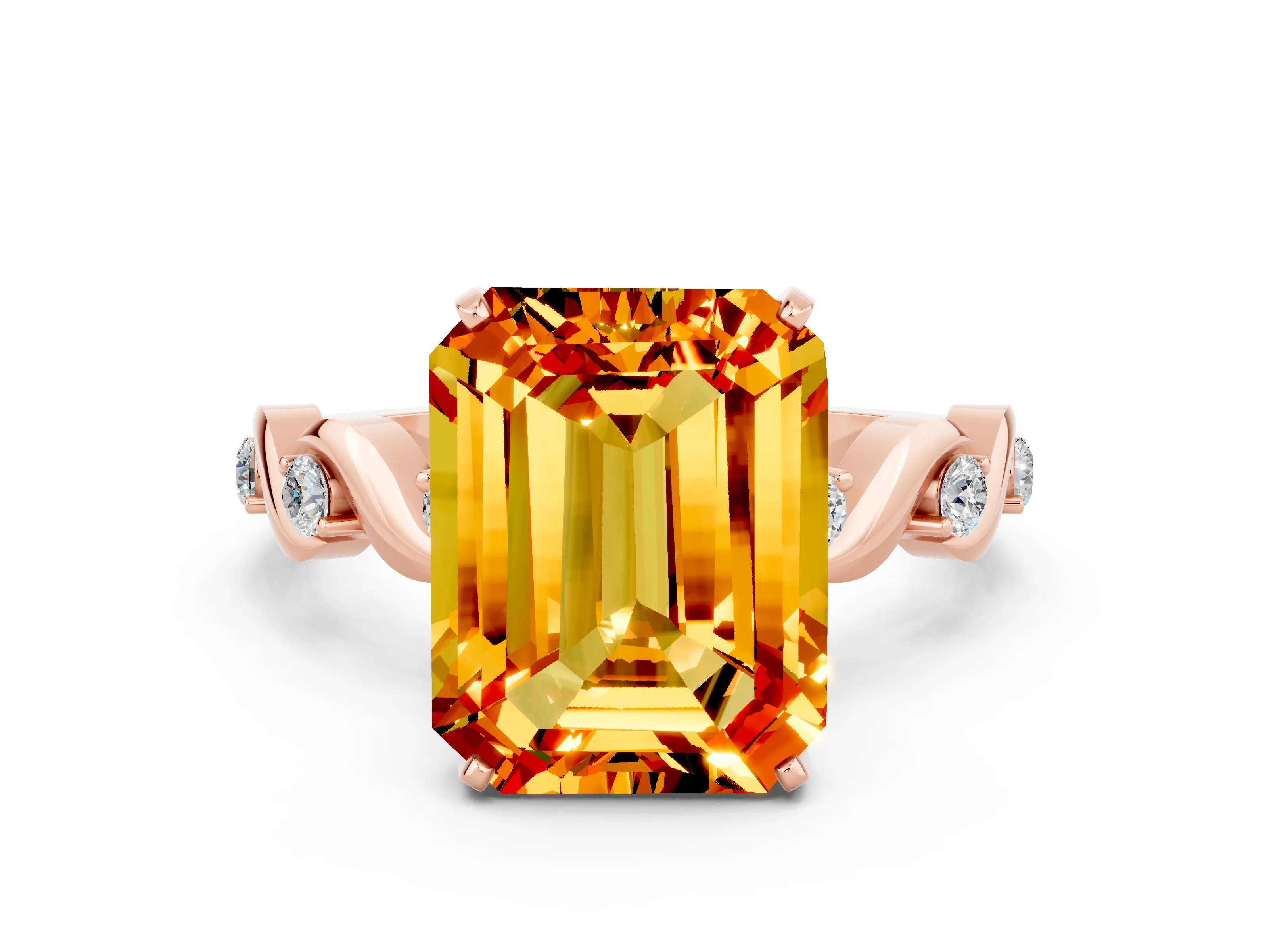 Rose gold Emerald Cut Citrine Solitaire Twisted Band with Round  Accents and Prong Setting_12