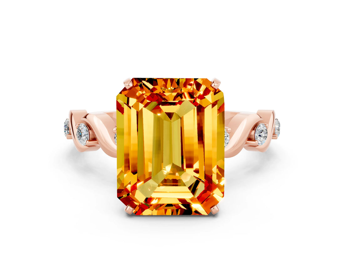 Rose gold Emerald Cut Citrine Solitaire Twisted Band with Round  Accents and Prong Setting_12