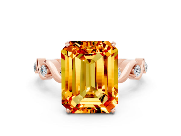 Rose gold Emerald Cut Citrine Solitaire Twisted Band with Round  Accents and Prong Setting