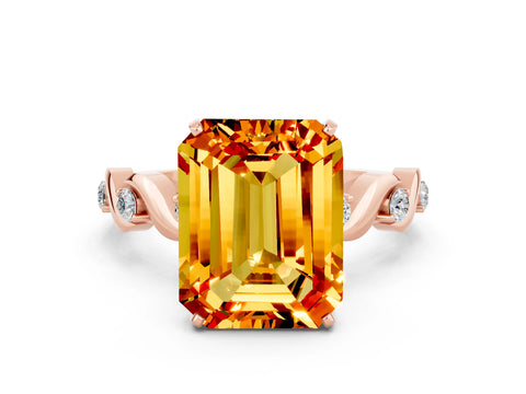 Rose gold Emerald Cut Citrine Solitaire Twisted Band with Round  Accents and Prong Setting_12