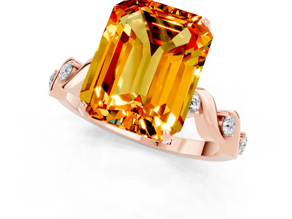 Rose gold Emerald Cut Citrine Solitaire Twisted Band with Round  Accents and Prong Setting