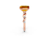 Rose gold Emerald Cut Citrine Solitaire Twisted Band with Round  Accents and Prong Setting_14