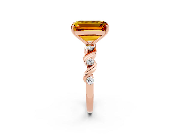 Rose gold Emerald Cut Citrine Solitaire Twisted Band with Round  Accents and Prong Setting