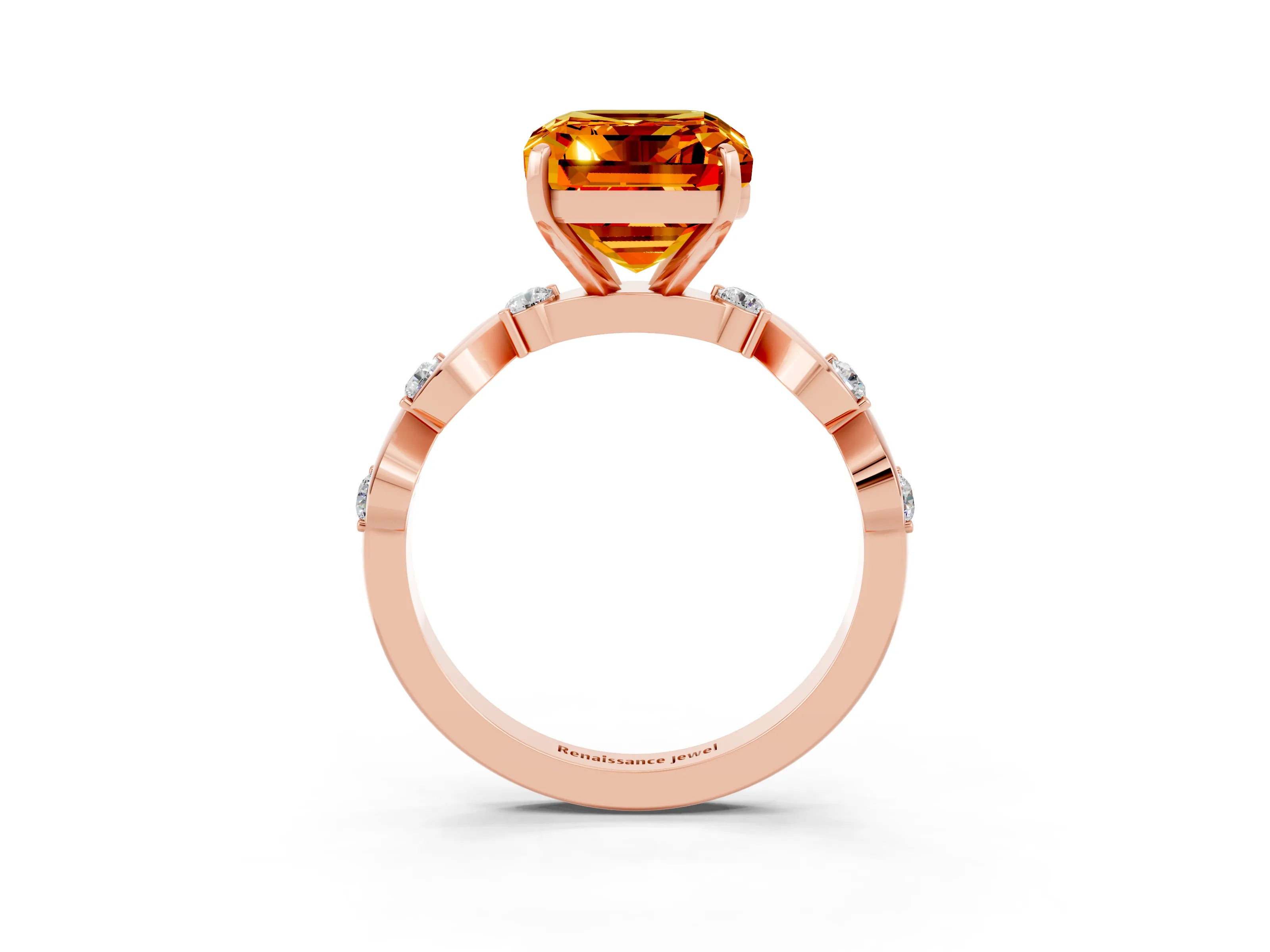 Rose gold Emerald Cut Citrine Solitaire Twisted Band with Round  Accents and Prong Setting_15