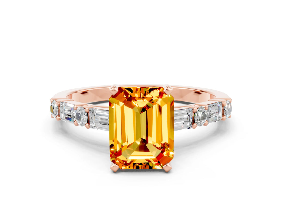 Rose gold Emerald Cut Citrine Solitaire with Side Baguettes and Channel Set Band