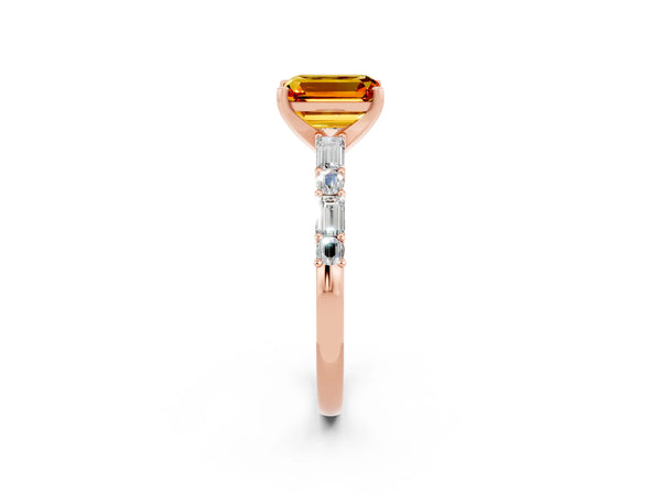 Rose gold Emerald Cut Citrine Solitaire with Side Baguettes and Channel Set Band