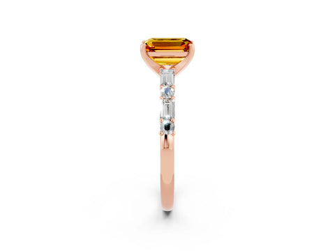 Rose gold Emerald Cut Citrine Solitaire with Side Baguettes and Channel Set Band_2