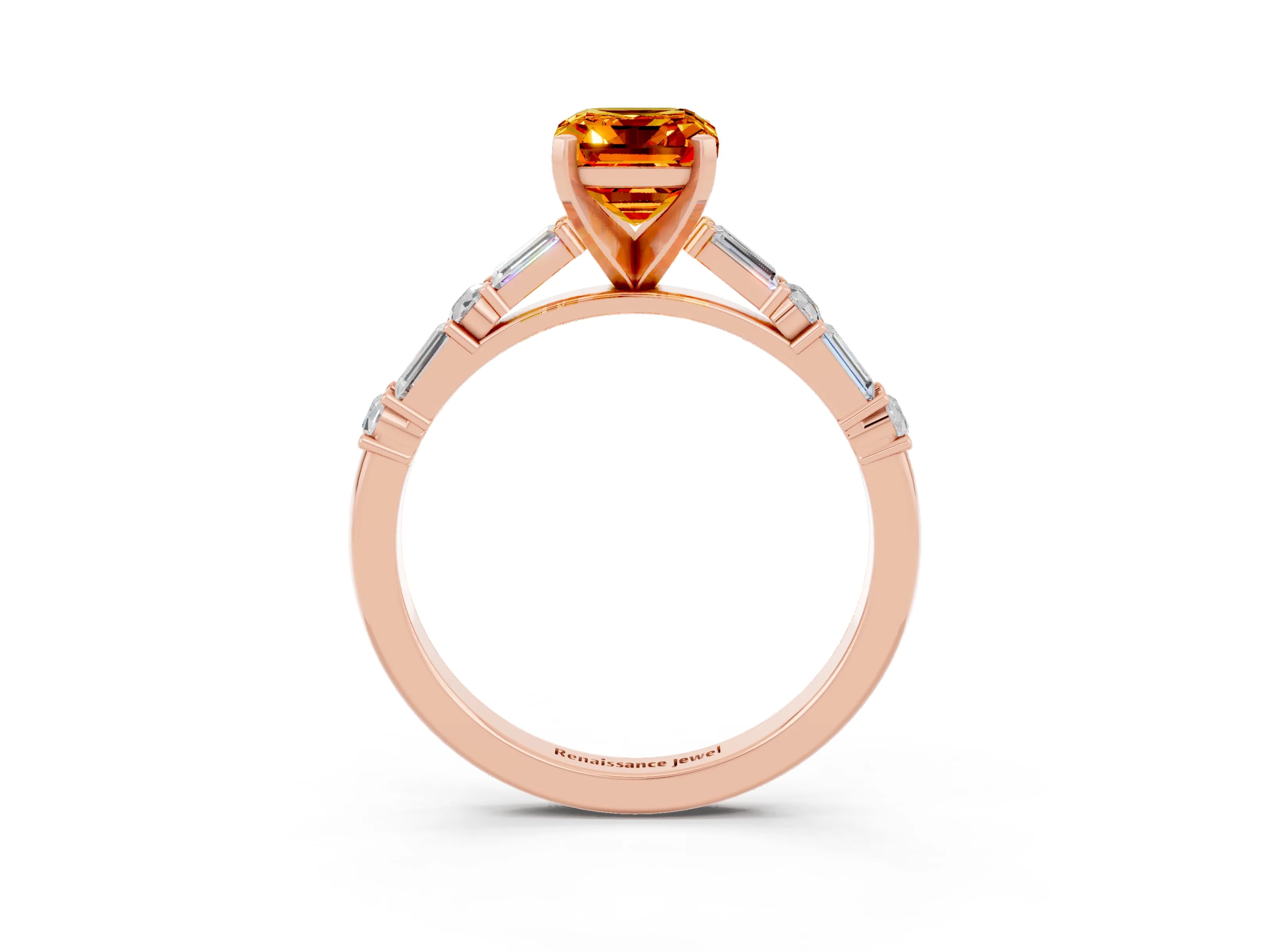Rose gold Emerald Cut Citrine Solitaire with Side Baguettes and Channel Set Band_3