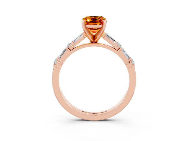 Rose gold Emerald Cut Citrine Solitaire with Side Baguettes and Channel Set Band