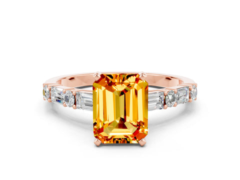 Rose gold Emerald Cut Citrine Solitaire with Side Baguettes and Channel Set Band