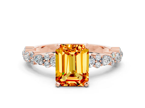 Rose gold Emerald Cut Citrine Solitaire with Side Stones, Pave Band, Four-Prong Setting_48