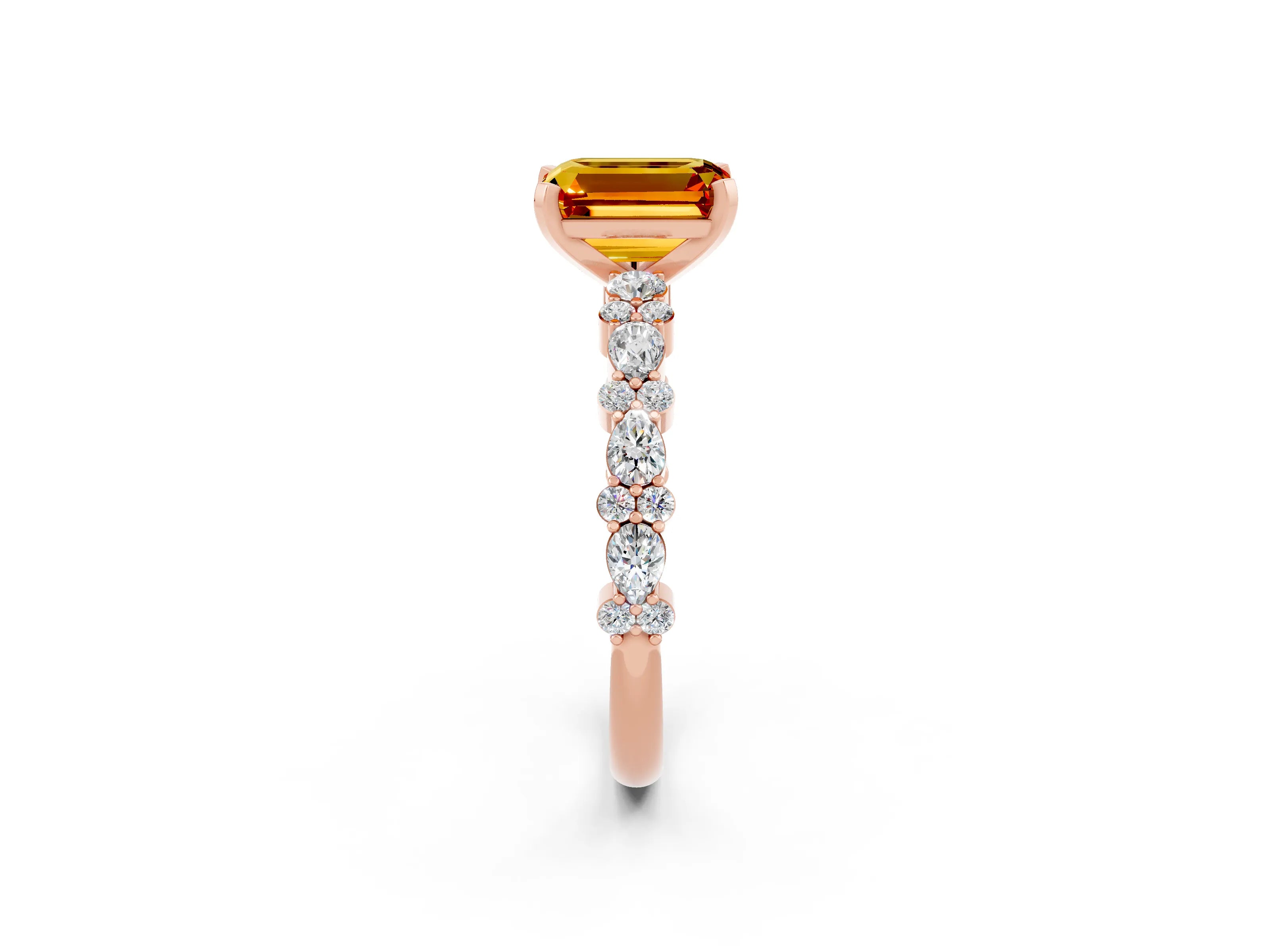 Rose gold Emerald Cut Citrine Solitaire with Side Stones, Pave Band, Four-Prong Setting_50